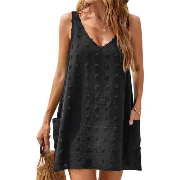 Womens Swiss Polka Dot V Neck Tank Dress Beach Cover Up Pockets Summer Casual - Picture 1 of 6